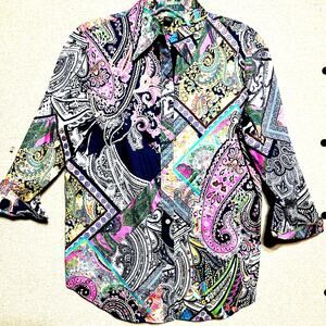 Lauren by Ralph Lauren  XS Navy Pink Yellow Paisley No-Iron Shirt button up